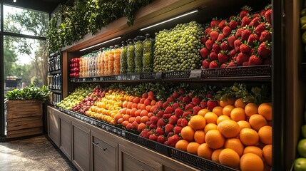 Obraz premium A fresh produce display features vibrant fruits like strawberries, grapes, and oranges, artfully arranged in a refrigerated section.