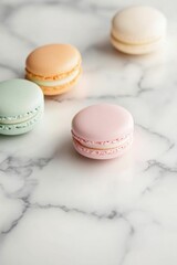 Obraz premium Pastel Macaron Harmony Artisan Confectionery Display on Chic Marble Surface - Elevate Dessert Branding and French Patisserie Appeal for Gourmet Promotions