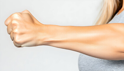 Woman's clenched fist, arm extended, studio shot