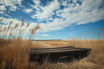 Wooden walkway through tall grass field, train track in distance, sunny day