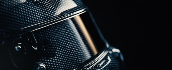 Close-Up of a Carbon Fiber Racing Helmet Showcasing its Shine and Design Features Against a Dark Background