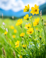 Yellow wildflowers bloom in mountain meadow