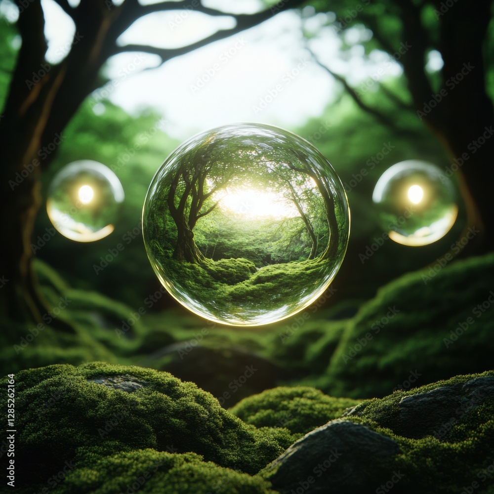 Poster mystical forest experience luminescent orbs within mossy landscape for fantasy gaming environments a