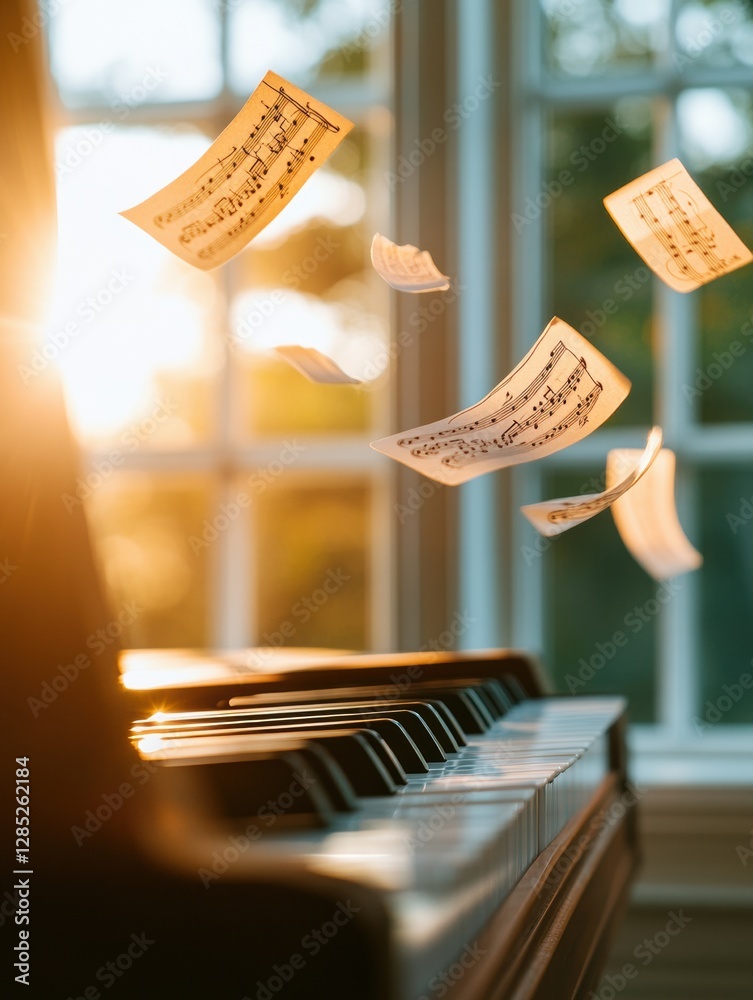 Poster melodic learning aesthetic sunlit piano keys with floating musical sheets - contemporary music educa