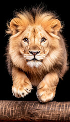 Fototapeta premium Young lion leaping, dark background, wildlife photography, nature