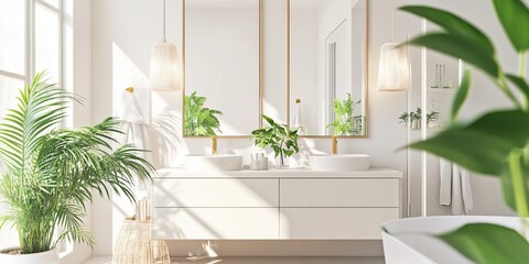 Discover the Ultimate Bright and Airy Bathroom Design: Luxurious Pastel Tones, Elegant Gold Fixtures, and Stylish Double Sink Vanities in a 3D-Rendered Ultra-Realistic Interior
