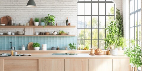 Bright and Airy Scandinavian Kitchen: Soft Blue Backsplash, Textured White Brick Walls, Spacious Island, and Natural Light with Vibrant Greenery