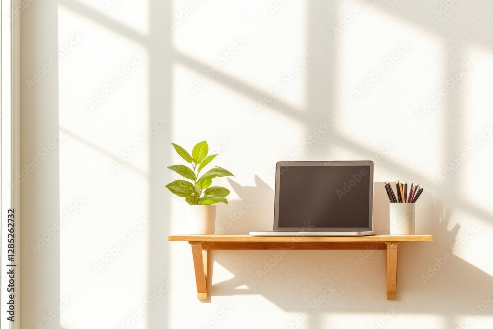 Poster minimalist dorm organization foldable bamboo desk with laptop and stationery under sunlight - space-