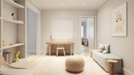 Charming Scandinavian-Inspired Playroom: Cozy Seating, Playful Animal Figurines, and Dreamy Pastel Tones - A Modern Child-Friendly Space with Ultra-Realistic 3D Illustration