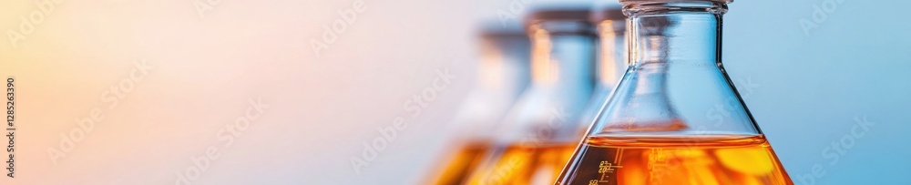 Aufkleber Minimalist High-Tech Lab Display Glass Flask with Amber Liquid on Gradient Background - Cutting-Edge Scientific Imagery and Biotechnology Marketing Aesthetics