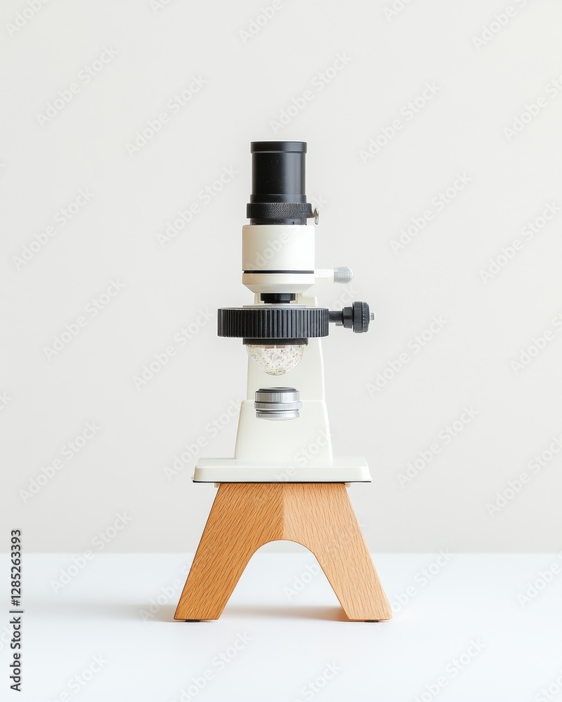 Poster minimalist nordic microscope display on oak for precision optical analysis - modern research content