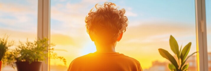 Golden Hour Study Vibes Young Boy at Eco-Friendly Desk with Wooden Accents and Plant Decor - Enhancing Digital Learning Spaces for Gen Z Academic Success