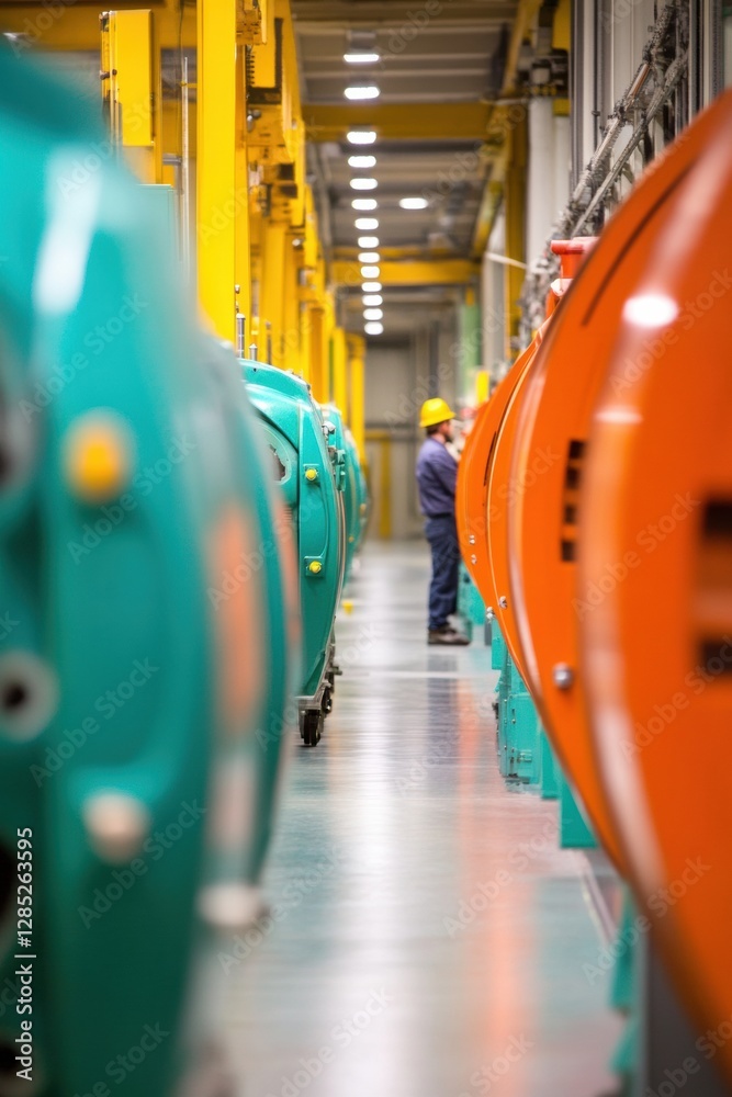 Poster modern industrial automation vibrant factory with ai-powered production lines and control interfaces