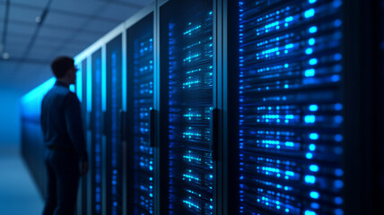 Silhouetted technician in data center, surrounded by glowing servers, working with technology