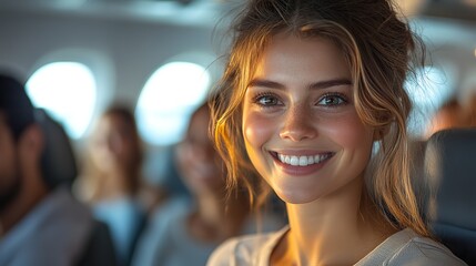 A friendly flight attendant is assisting passengers on an airplane, showcasing the importance of customer service excellence in the travel industry.