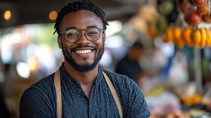 Fototapeta premium A friendly smiling Black man with glasses stands at his outdoor market stall, ready to help customers