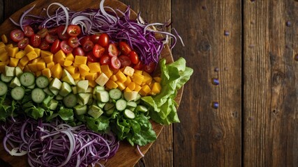A beautifully arranged variety of colorful fruits and vegetables, showcasing a vibrant and artistic display on a wooden board, generate AI