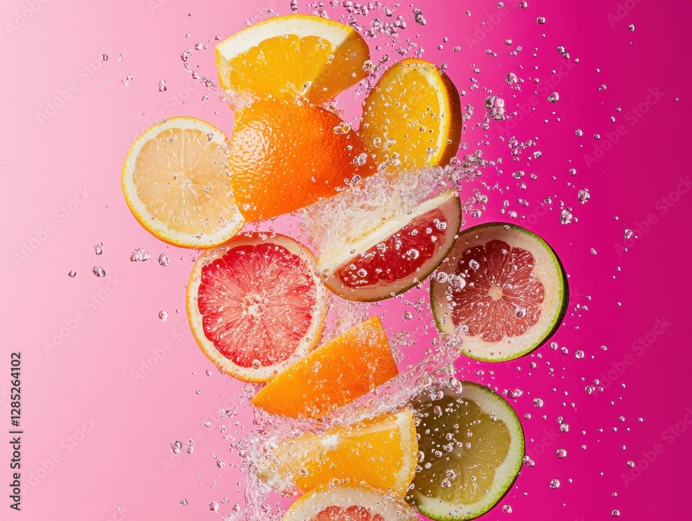 Poster vibrant fruit splash sculpture citrus and apple layers in dynamic juice droplets - refreshing bevera
