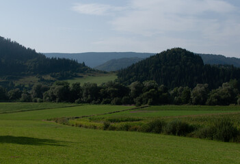 Idyllic countryside in Slovakia with lush green fields, rolling hills, and dense forests. A peaceful and untouched natural landscape, perfect for nature lovers, hikers, and rural tourism enthusiasts.