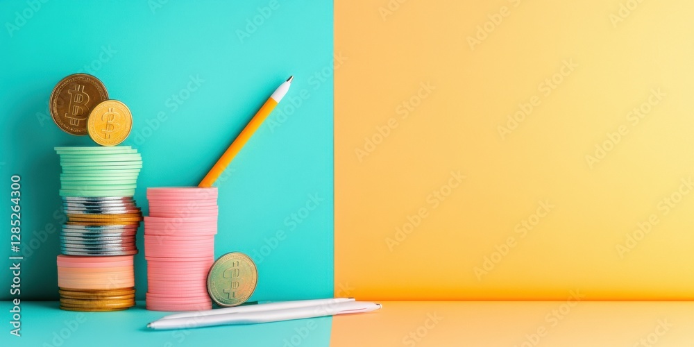 Aufkleber Vibrant Investment Analytics Multicolored Coin Stacks with Modern Calculator on Minimalist Desk - Financial Strategy and Wealth Management for Innovative Business Growth