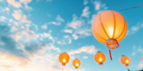 Floating Serenity Paper Lanterns in Vibrant Night Sky with Tassels - Cultural Festivity Imagery for Event Marketing and Visual Storytelling in Design Industries