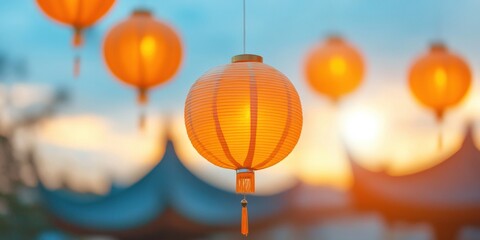 Contemporary Festival Decor Vibrant Paper Lantern Clusters with Tassels Against Night Sky - Cultural Event Content and Lunar Celebration Marketing Visuals