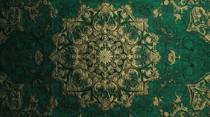 Intricate Gold and Green Mandala Design on Fabric Background