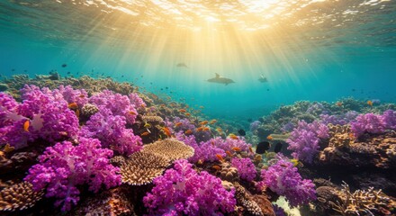 Obraz premium Vibrant Coral Reef with Marine Life and Sun Rays Underwater Scene