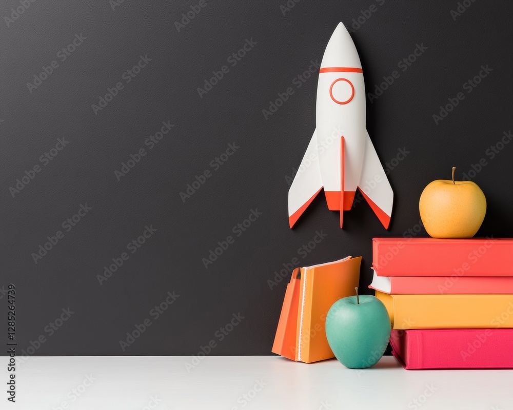Poster mid-century classroom decor chalkboard rocket sketch with books and apples - edtech branding and cre
