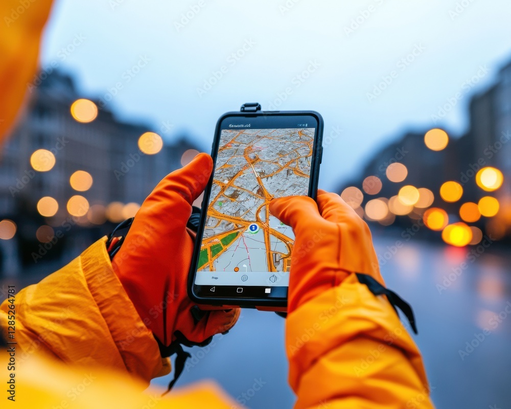 Aufkleber Smart Urban Navigation Hands-On Digital Route Planning for E-Scooter Commute - Modern Tech Interface and Vivid Cityscape for Transportation Apps