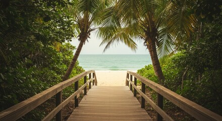 Obraz premium Walking on Boardwalk Leading to Tranquil Beach with Palm Trees
