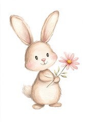 Fototapeta premium Delightful Watercolor Bunny with Pink Daisy: A Charming Illustration of Joy and Nature, Perfect for Kids' Rooms, Greeting Cards, and Spring Decor - Heartwarming Art for Animal Lovers!