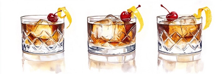 Stunning Watercolor Painting of Three Classic Whiskey Sour Cocktails with Lemon Twist and Cherry – Perfect Wall Art for Cocktail Lovers and Bar Decor, Capturing Rich Textures and Colors