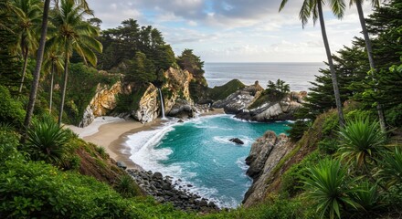 Waterfall Flowing Onto Sandy Beach with Turquoise Water and Lush Foliage