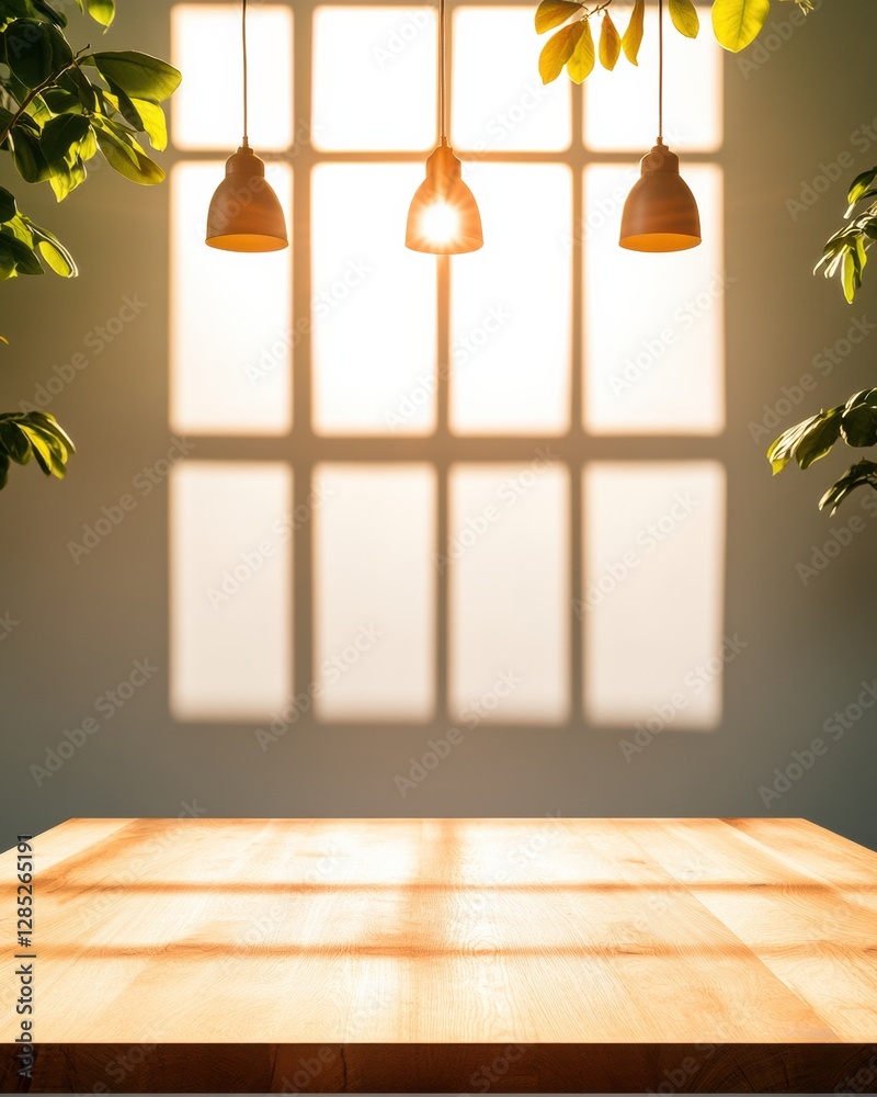 Aufkleber biophilic workspace design sunlit wooden table in co-working hub with hanging lamps and greenery - m