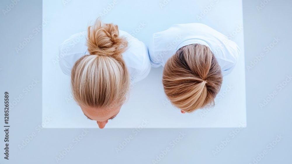 Aufkleber Scandinavian Minimalist Healthcare Interface Dual Professional Receptionists at Modern Desk - Streamlined Patient Experience and Efficient Hospital Operations