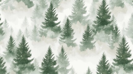Obraz premium Captivating Seamless Pattern of a Foggy Forest with Watercolor Fir Trees Fading into Mist – Perfect for Digital and Print Projects