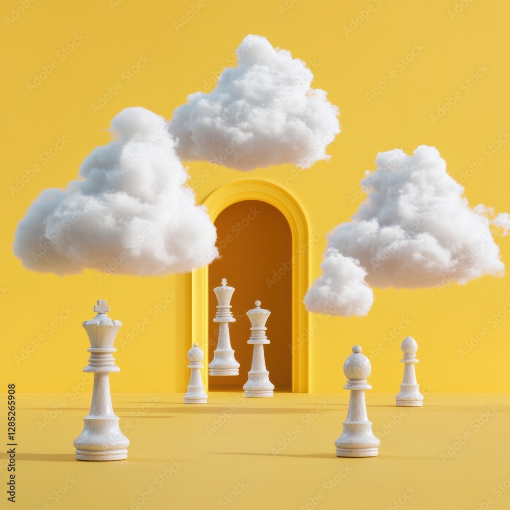 Poster surreal cloud chess fluffy shapes in bold yellow room - modern art for innovative strategic thinking