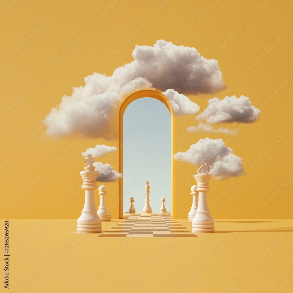 Aufkleber surreal cloud chess art in yellow room strategic creative installations for modern art spaces and co