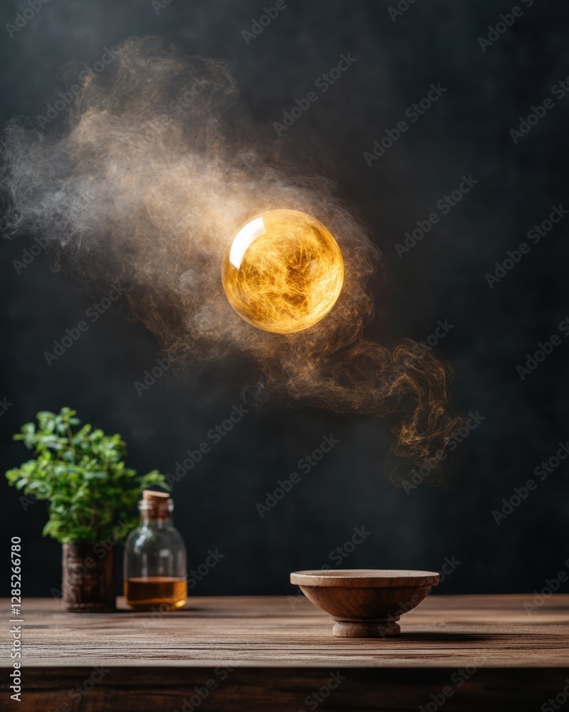 Poster Ethereal Wizardry Workspace Floating Orb and Wooden Table with Herb and Potion - Mystical Content and Educational Storytelling for Fantasy Branding