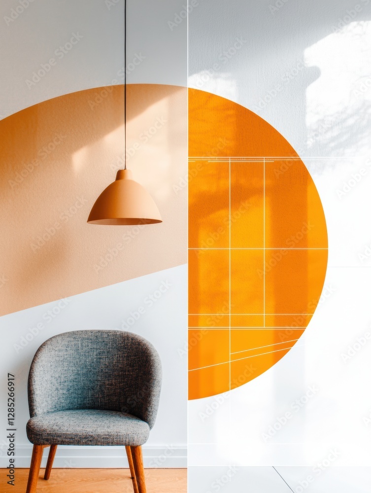 Aufkleber contemporary minimalist design graphical transition from blueprint to finished room - textured surfa