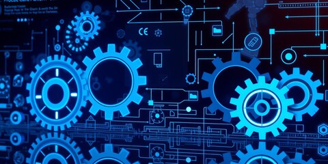 Digital display with gears icon reflecting concept of workflow optimization, automation, robotic process automation, and process management, icon, gears