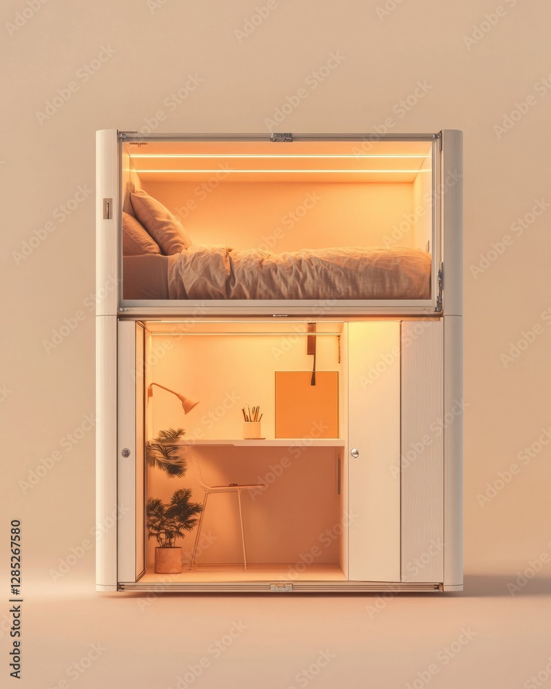 Poster contemporary urban capsule living transformative neutral-toned micro loft with modular workspace-bed