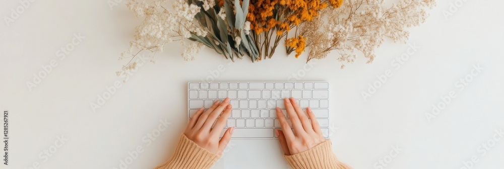 Poster minimalist workspace aesthetics typing hands on sleek keyboard with dried floral arrangements - crea