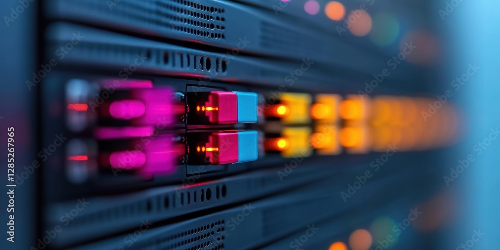 Poster Vibrant Server Infrastructure Advanced LED-Lit Equipment Racks and Optical Fibers in Data Center - Cutting-Edge Digital Power for Tech-Driven Business Innovation
