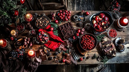 Naklejka premium Rustic Christmas table, food, candles, berries, overhead