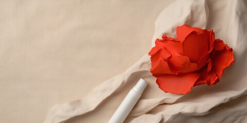 Vintage-Inspired Art Supply Display Textured Linen with Paint Tube and Sculpted Red Petal - Artistic Heritage and Creative Studio Content for Design Enthusiasts