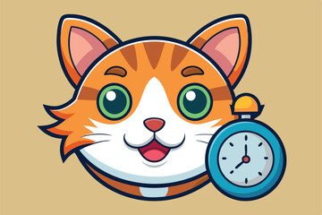 Obraz premium Cat Vector Head Face Alarm Clock Time Kitten Icon Calico Neko Pet Cartoon Character Munchkin Illustration Symbol Clip Art Isolated Design.