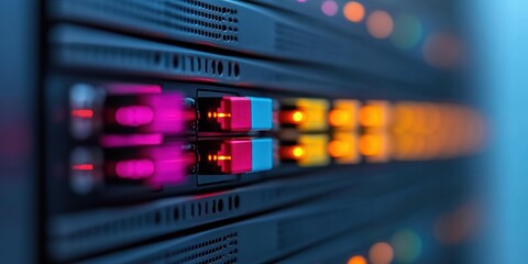 Fototapeta premium Vibrant Server Infrastructure Advanced LED-Lit Equipment Racks and Optical Fibers in Data Center - Cutting-Edge Digital Power for Tech-Driven Business Innovation