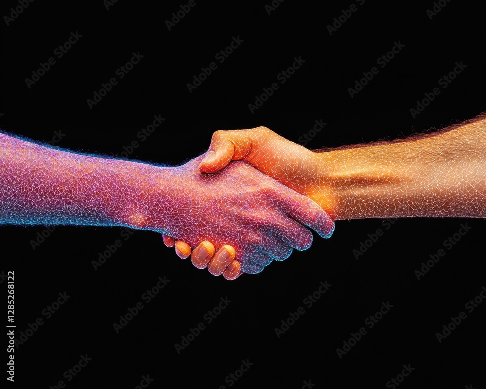 Poster Cybernetic Handshake Art Digital Particle and Circuit Board Patterns for Tech Industry Secure Data Partnerships and Network Trust Visualization